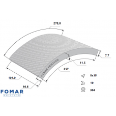 НАКЛАДКИ ТОРМОЗ., 104x7.6/11.5x304 8x15 ОТК809 